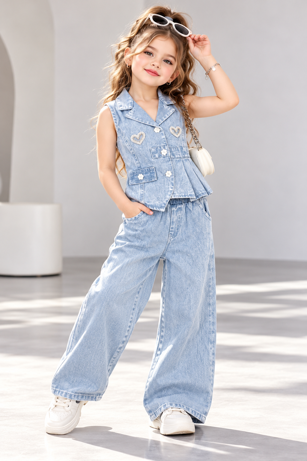 Girl's Pearl Heart 3-Piece Denim Co-Ord Set Set [GCS-3F-0794] (4-12Years)