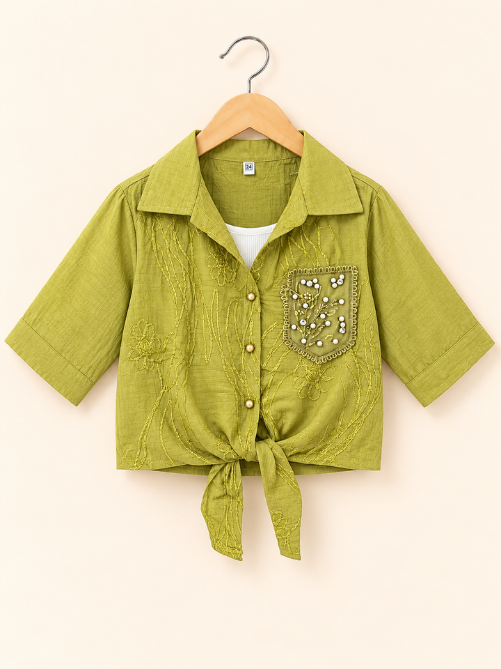 Girls Green Bloom Pearl Tie-Knot Shirt With Inner [ONLY TOP] [GT-5K-4511] [4-12 year]