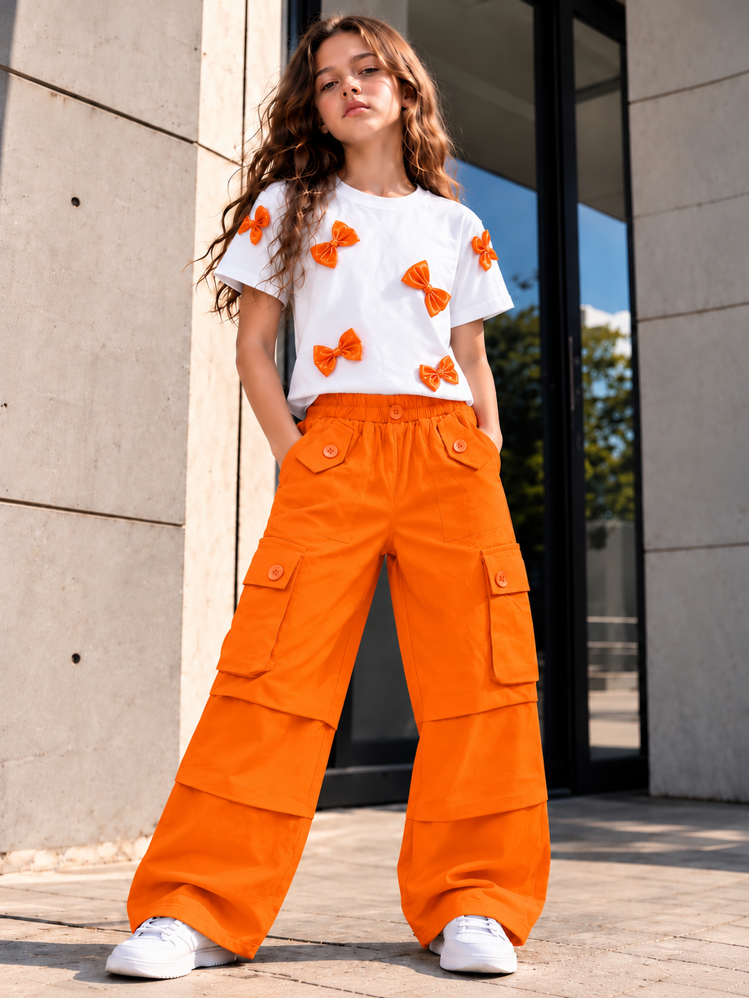 Girls Orange Bow Cargo Co-Ord Set [GCS-N-2476] (4-12 Years)