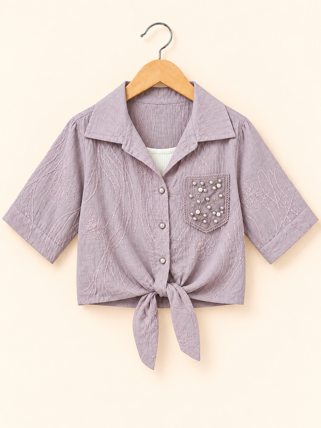 Girls Lilac Pearl Tie-Knot Shirt With Inner [ONLY TOP] [GT-6D-0784] [4-12 year]