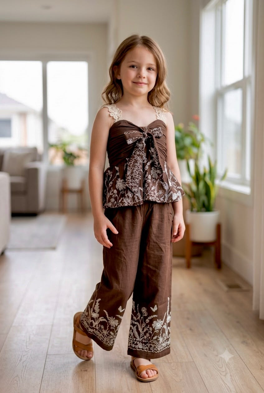 Girls Brown Bloom Lace Strap Printed Co-Ord Set [GCS-6J-7804] (4-12 Years)