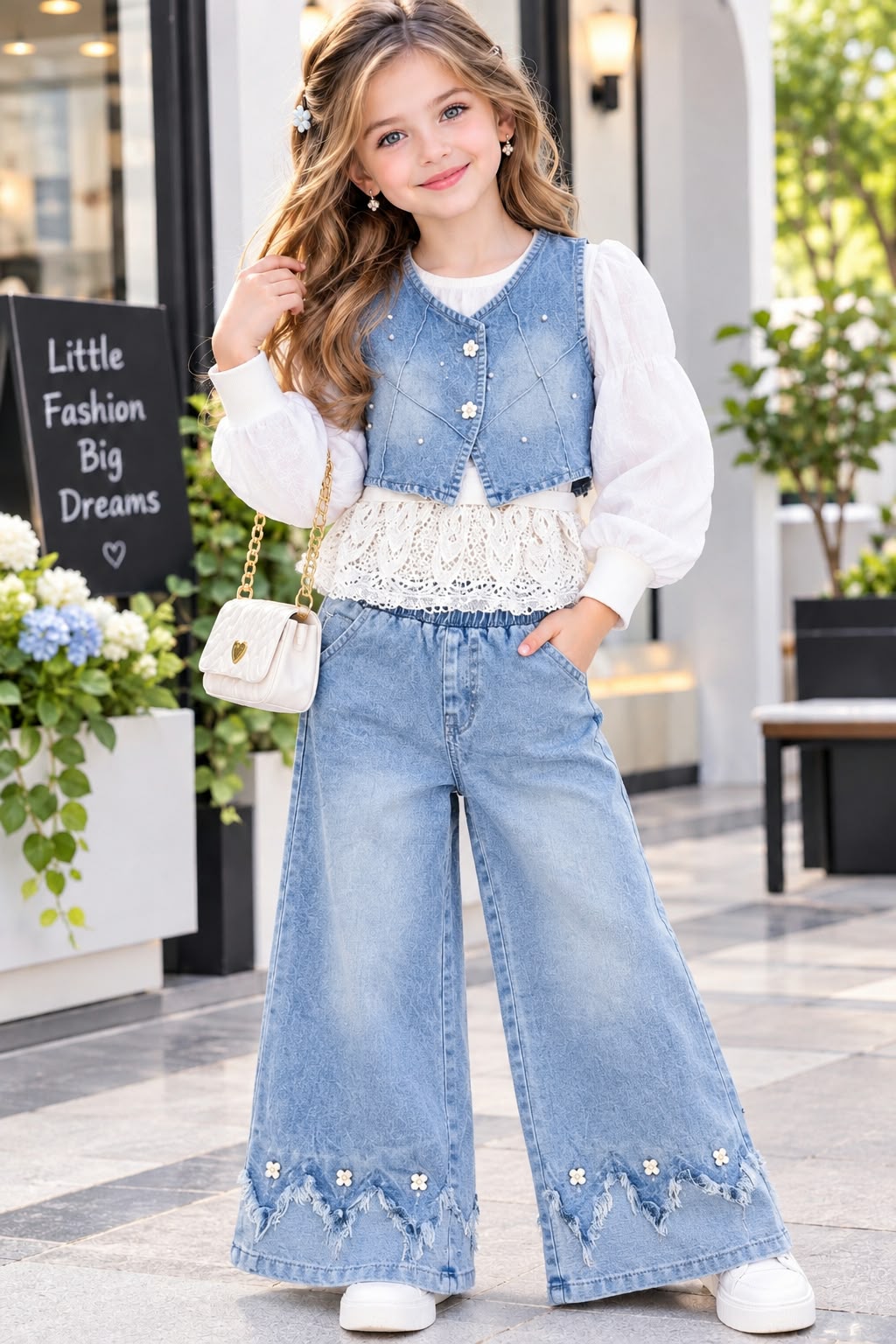 Girls Pearl Bloom 3 Piece Light Blue Denim Co-Ord Set [GCS-3F-8004] (4-12Years)