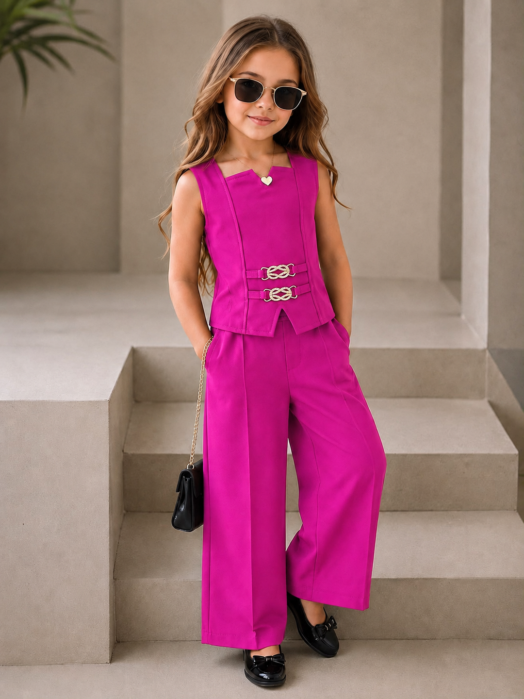 Girls Imported Magenta Waist Coat Co-Ord Set [GCS-4G-3247 (4-12Years)