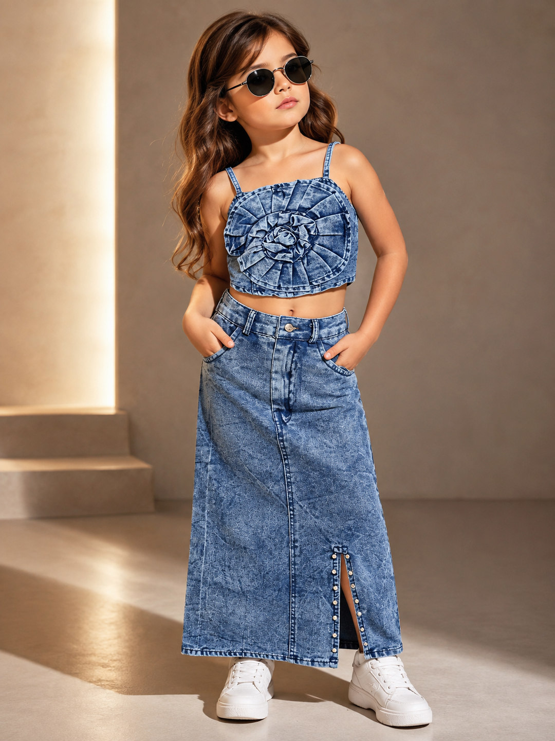 Girl's Blue Denim Flower Co-Ord Set [GCS-3F-1684](4-12 Years)