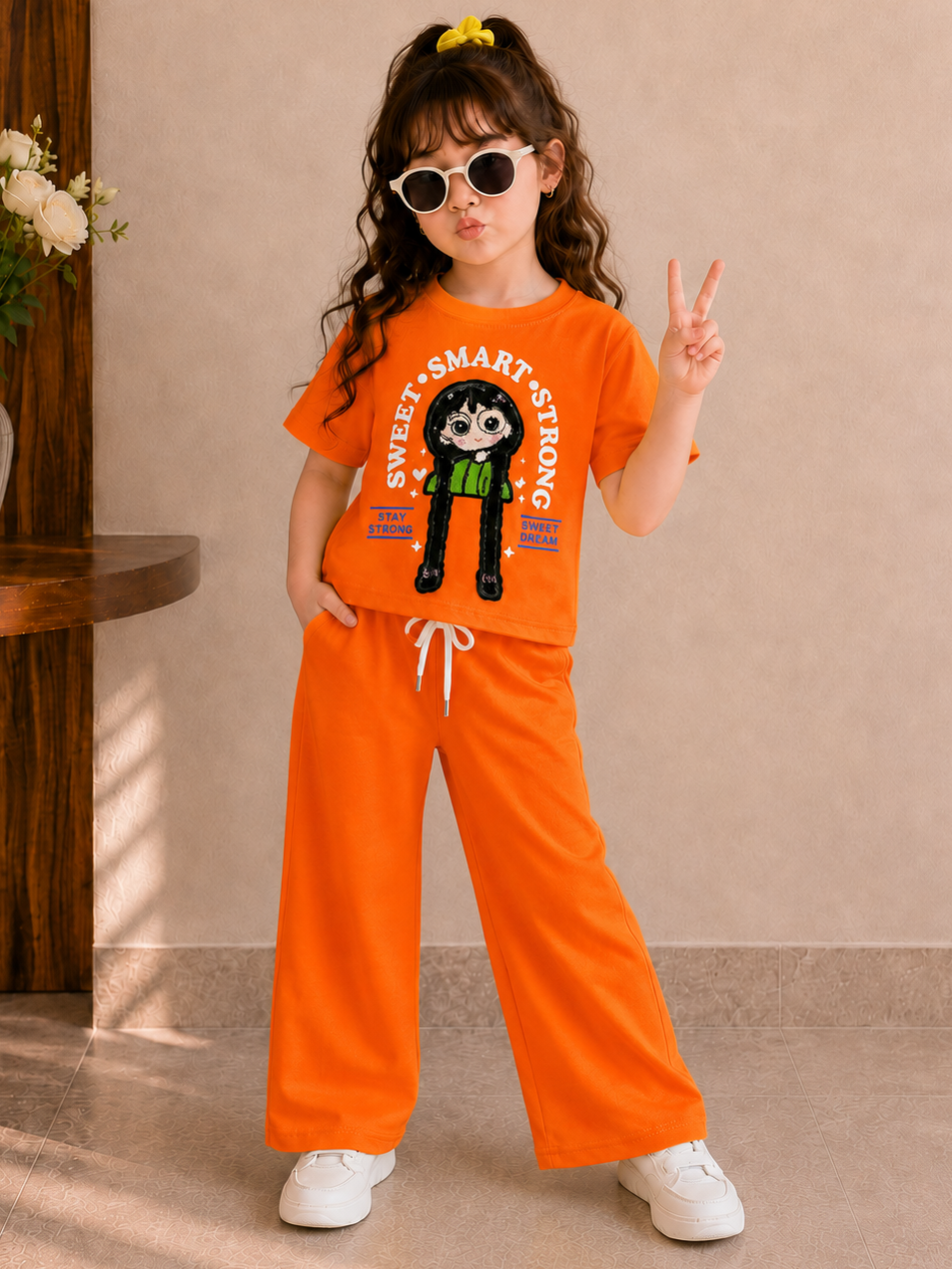 Girls Orange Cartoon Applique Co-Ord Set [GCS-5C-9841] (4-12 Years)