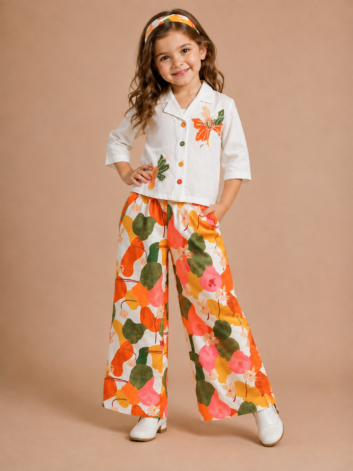 Girls Orange Coral Blossom Co-ord Set Co-Ord Set [GCS-5J-5215] (4-13Years)