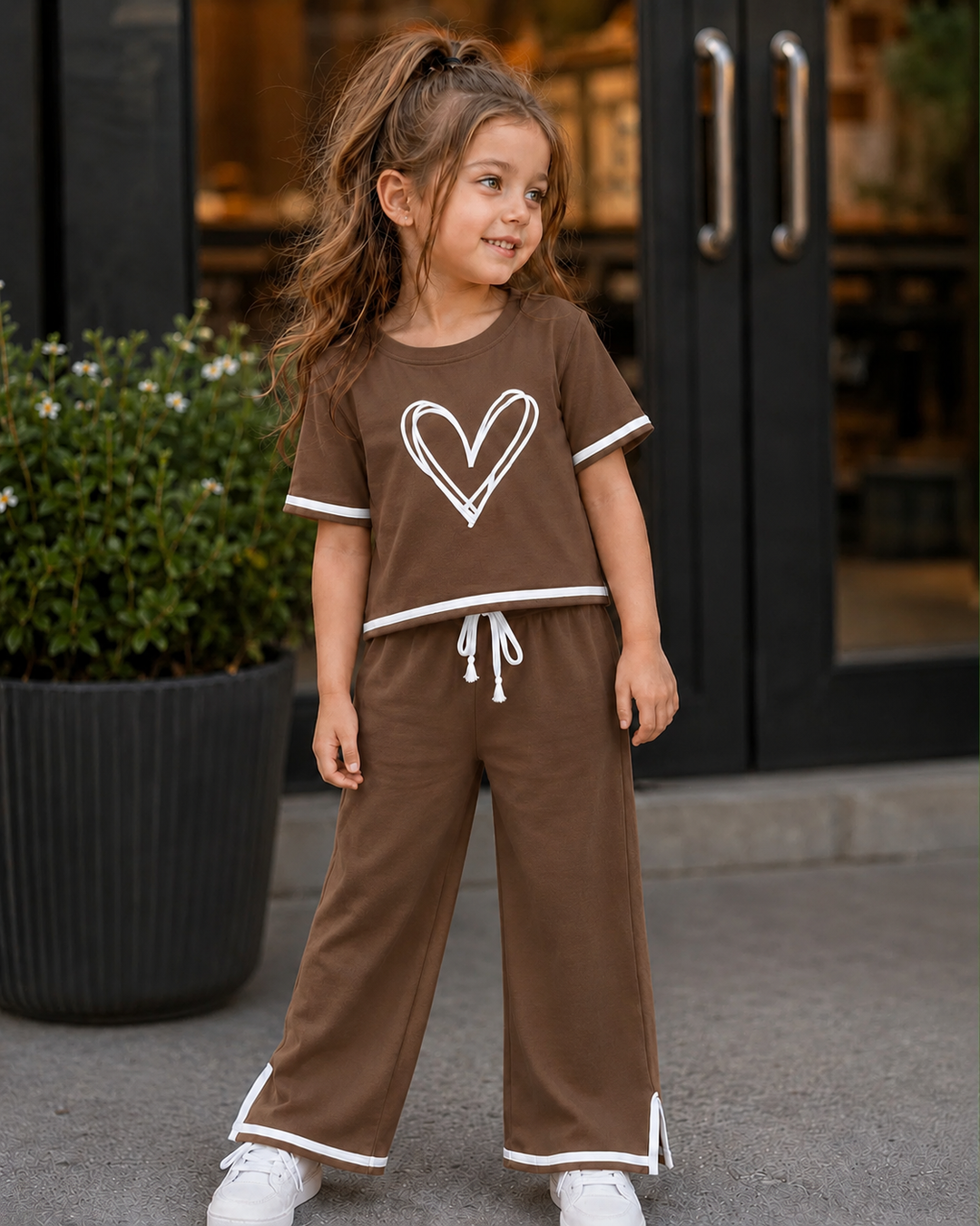 Girls Dark Brown Heart Charm Lounge Co-ord Set [GCS-2F-6612] (3-12 Years)