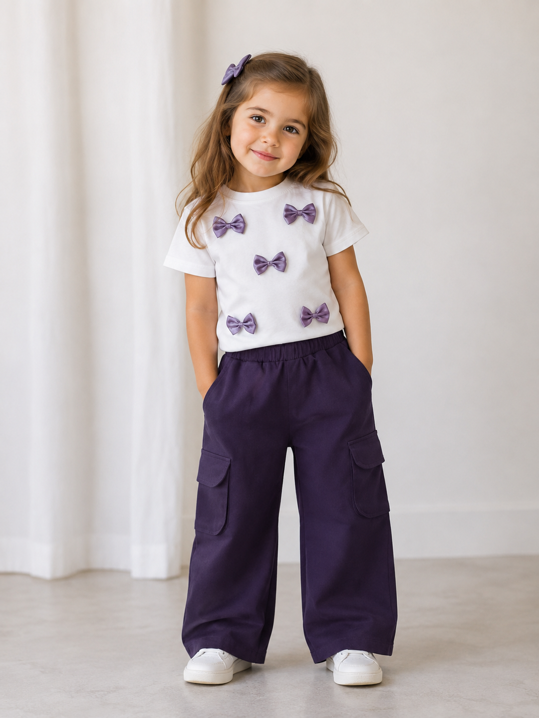 Girls Dark Purple Multi Bow Co-Ord Set [GCS-2G-4218] (4-12 Years)
