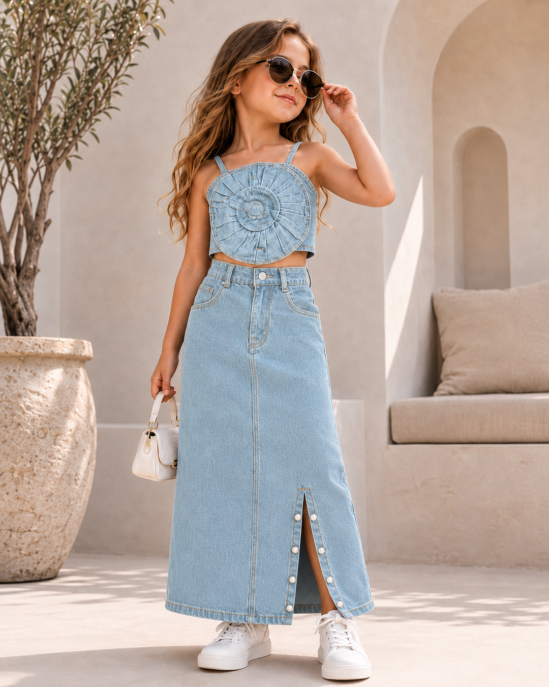 Girl's Light Denim Flower Co-Ord Set [GCS-6C-7700](4-12 Years)