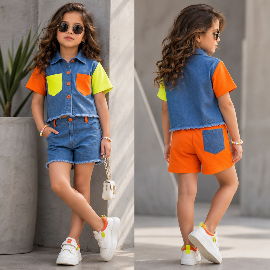 Girls Designer Denim Co-Ord Set [GCS-6G-1741] (3-11 Years)