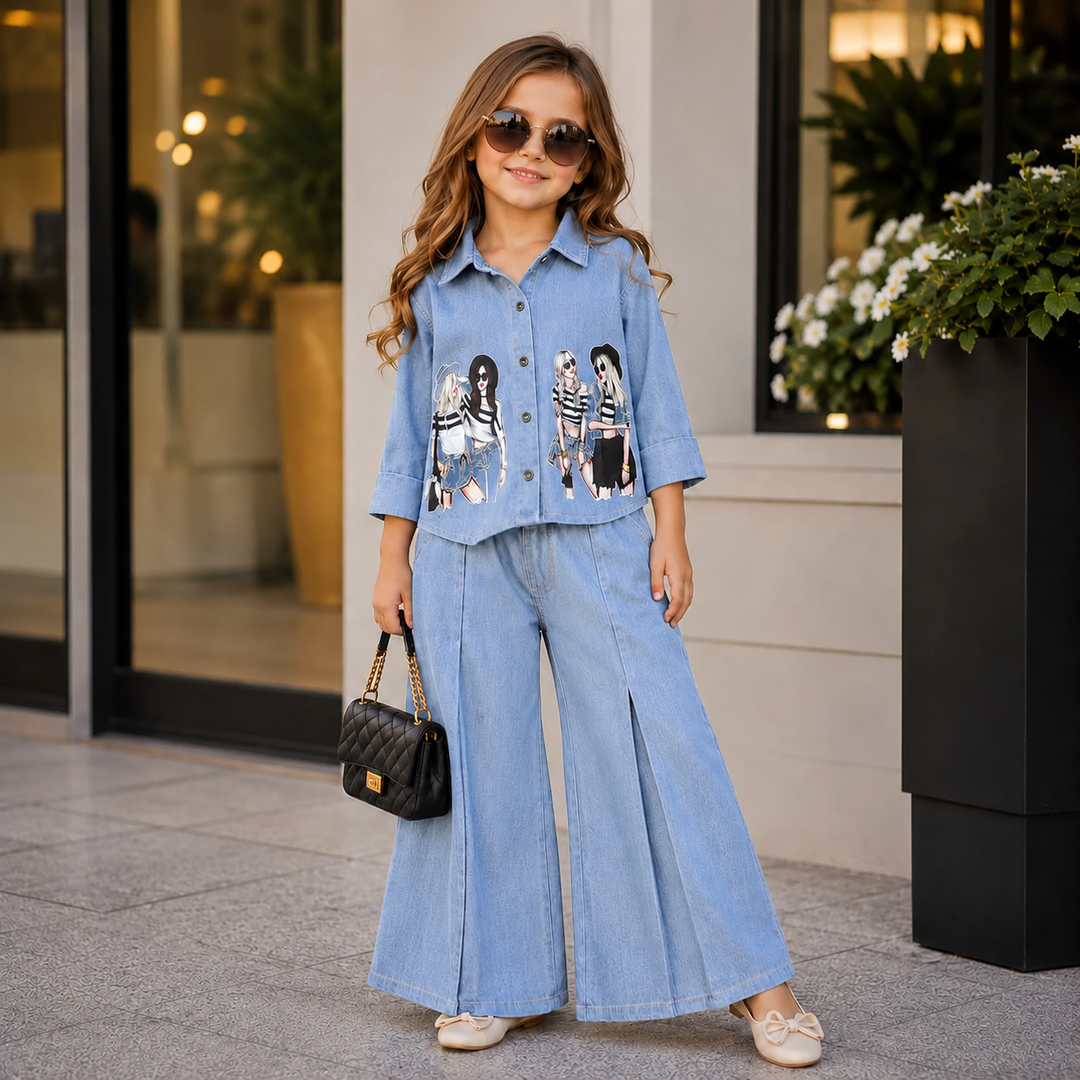Girl's Soft Denim Co-Ord Set [GCS-1E-9697] (4-12 Years)