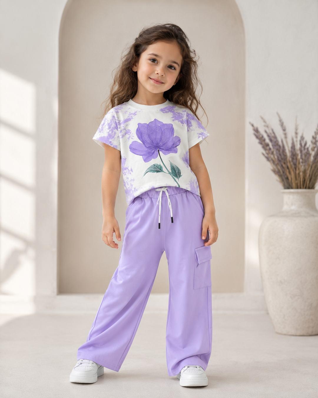 Girl's Lavender Flower Printed Co-Ord Set  [GCS-2E-7027] (4-12 Years)