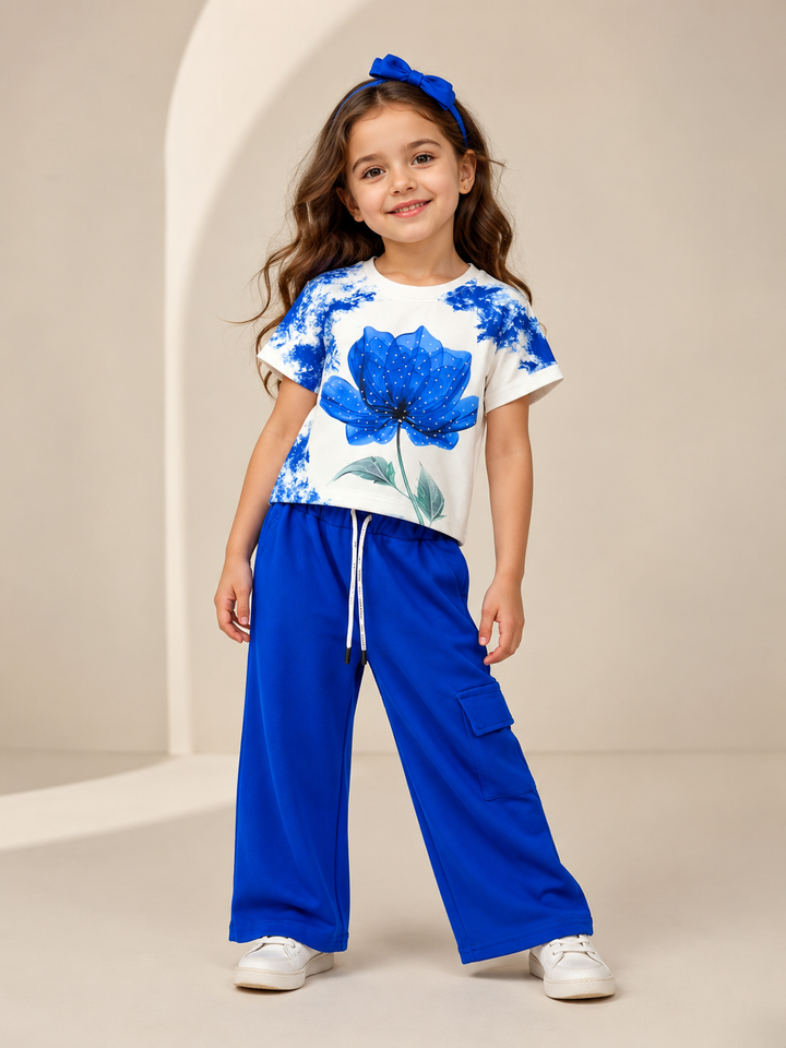 Girl's Royal Blue Flower Printed Co-Ord Set (Without Purse) [GCS-5E-7028] (4-12 Years)