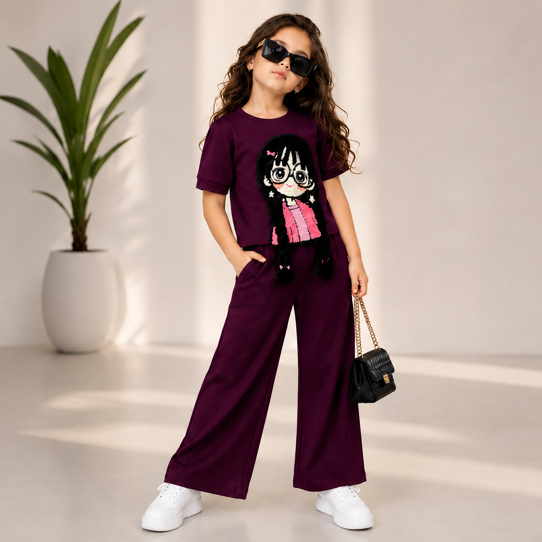 Girls Wine Cartoon Applique Co-Ord Set [GCS-3J-8235] (3-12 Years)