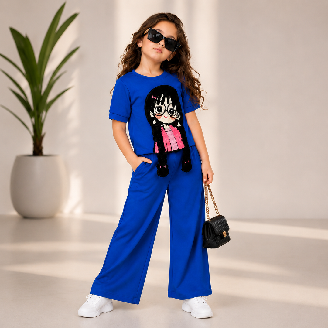 Girls Royal Blue Cartoon Applique Co-Ord Set [GCS-2C-7722] (3-12 Years)