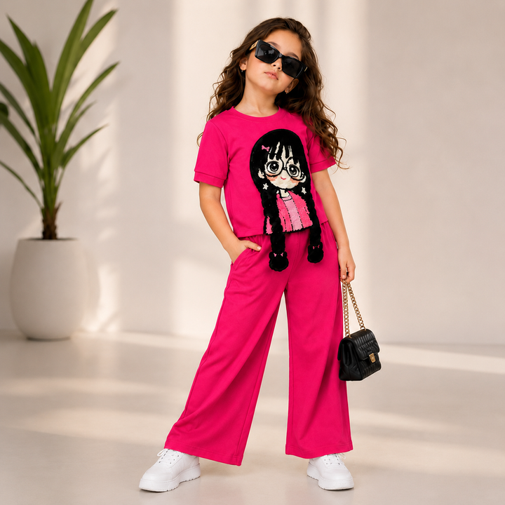 Girls Hot Pink Cartoon Applique Co-Ord Set [GCS-6F-5155] (3-12 Years)