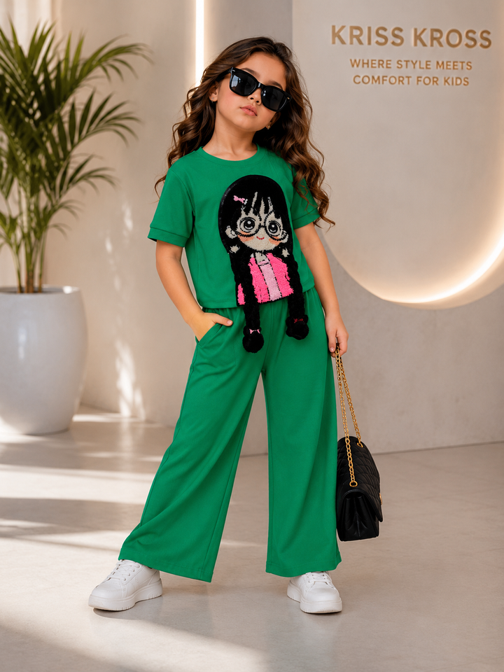 Girls Green Cartoon Applique Co-Ord Set [GCS-5J-9123] (3-12 Years)