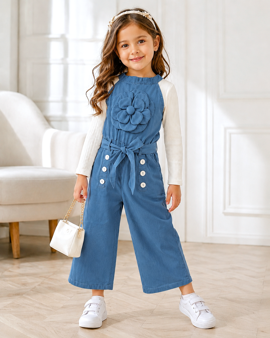 Girls Soft Cotton Denim Flower Medium Blue Jumpsuit With T-shirt [GD-6B-6122] (2-10 Years)
