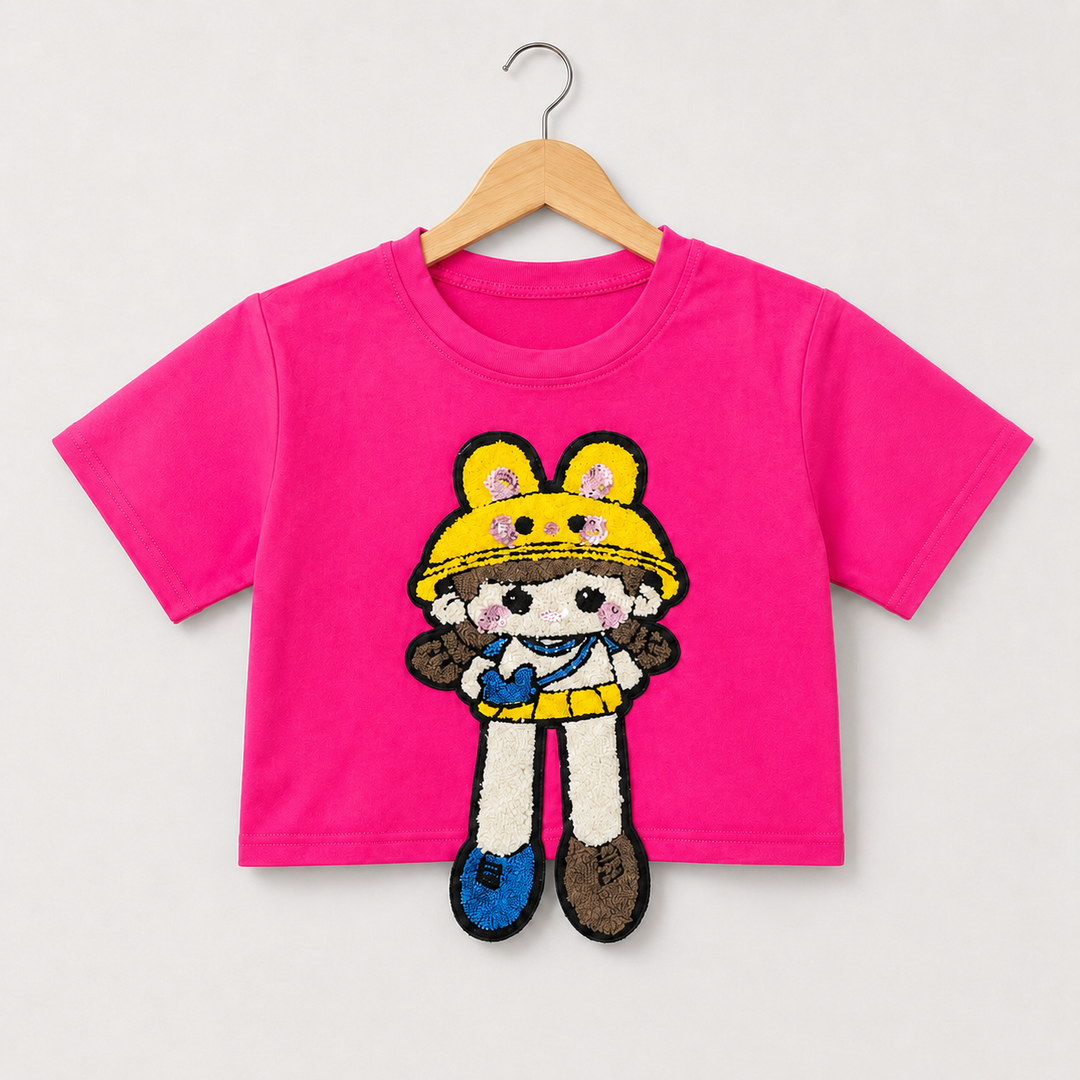Girls Hot Pink Cartoon Applique Top [GT-1487] [4-12 year]