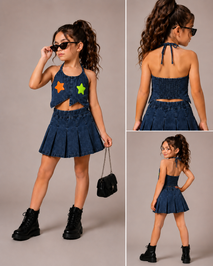Girl's Dark Blue Designer Halter Neck Co-Ord Set  [GCS-3G-9690] (1-11 Years)