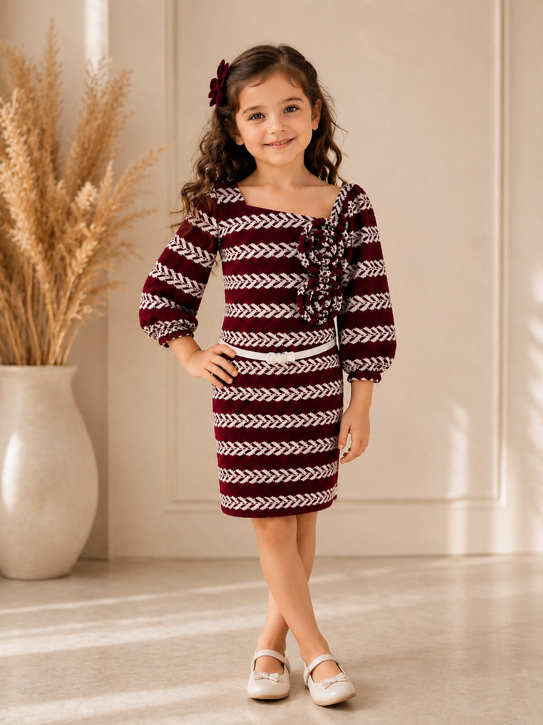Girls Maroon Bodycon Onepiece With Belt [GD-6A-1962] (4-12 Years)