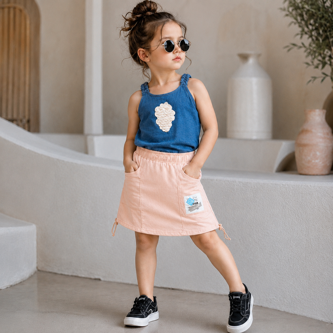 Girls Peach Sequin Applique Skirt Co-Ord Set [GCS-6C-1891] (1-6 Years)