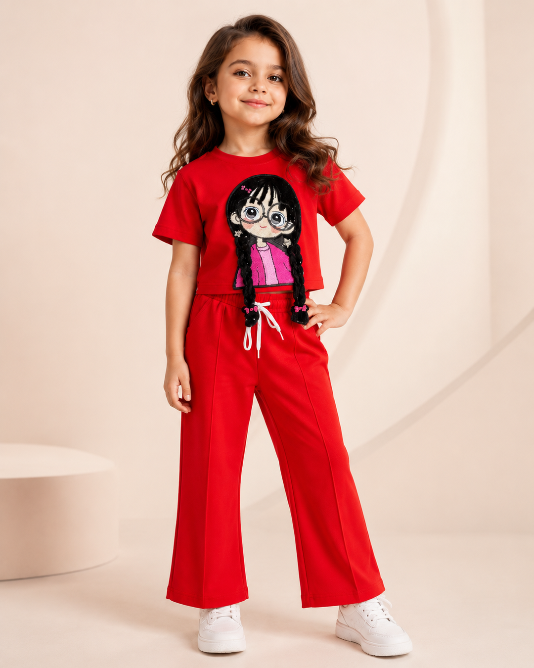 Girls Red Cartoon Applique Co-Ord Set [2E-8440] (4-12 Years)