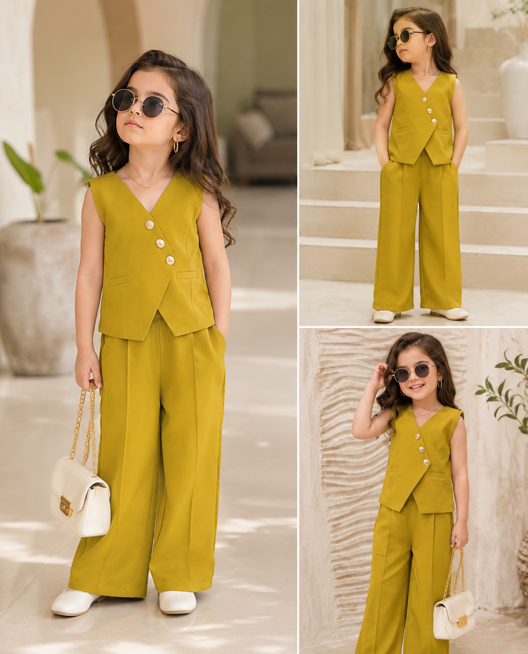 Girls Imported Mustard Yellow Waist Coat Co-ord Set [6E-8520] (4-12 Years)