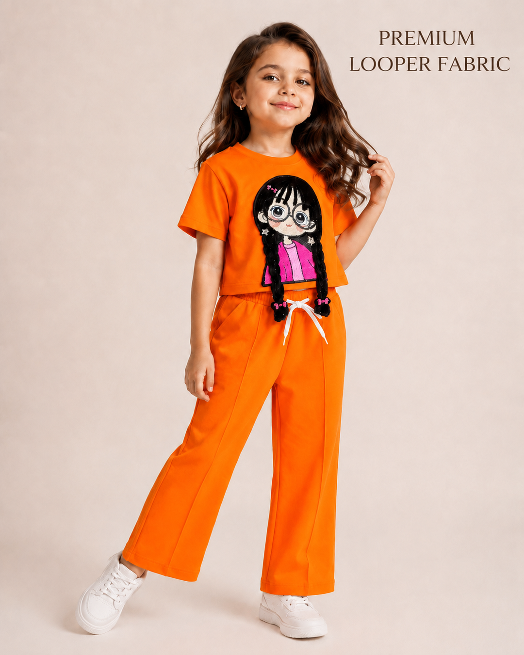 Girls Orange Cartoon Applique Co-Ord Set [4E-9520] (4-12 Years)