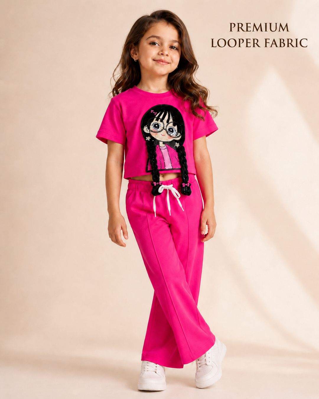 Girls Hot Pink Cartoon Applique Co-Ord Set [3E-8955] (4-12 Years)