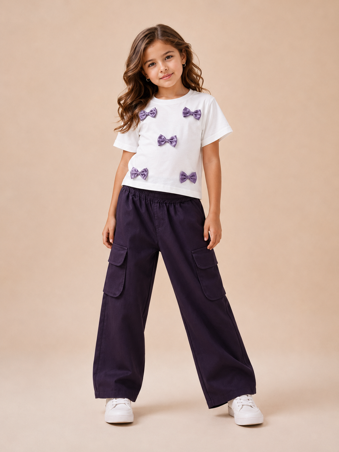 Girls Dark Purple Multi Bow Co-Ord Set [GCS-2G-4218] (4-12 Years)