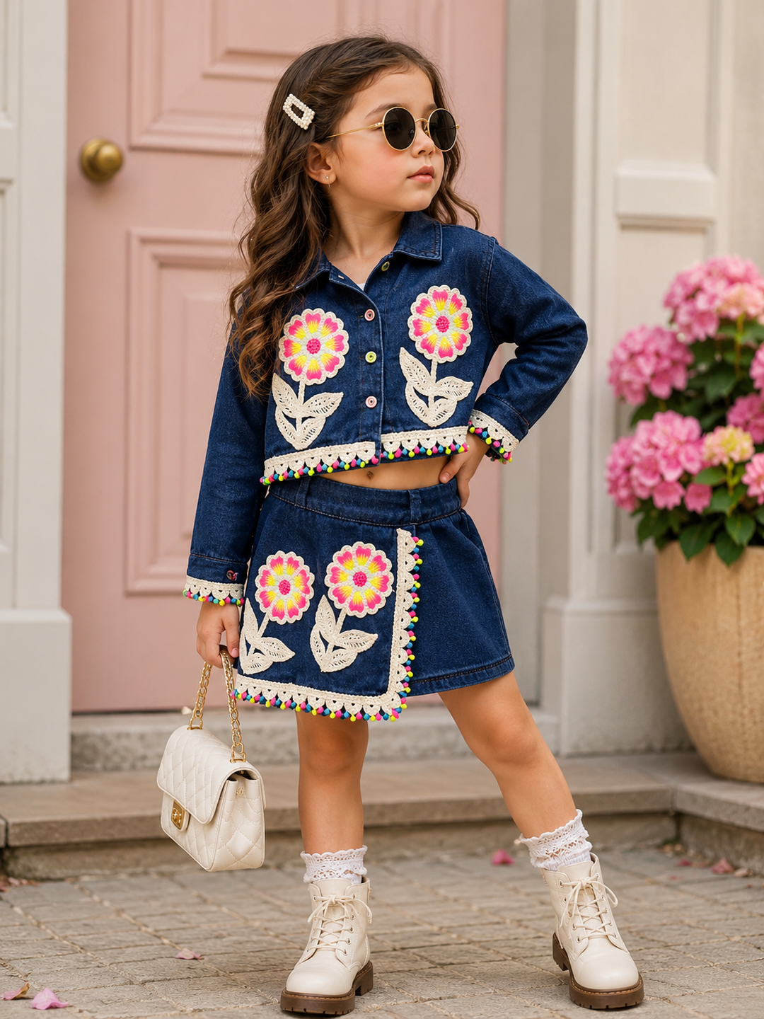 Girl's Designer Denim Skorts Co-Ord Set [GCS-4151] (4-12 Years)