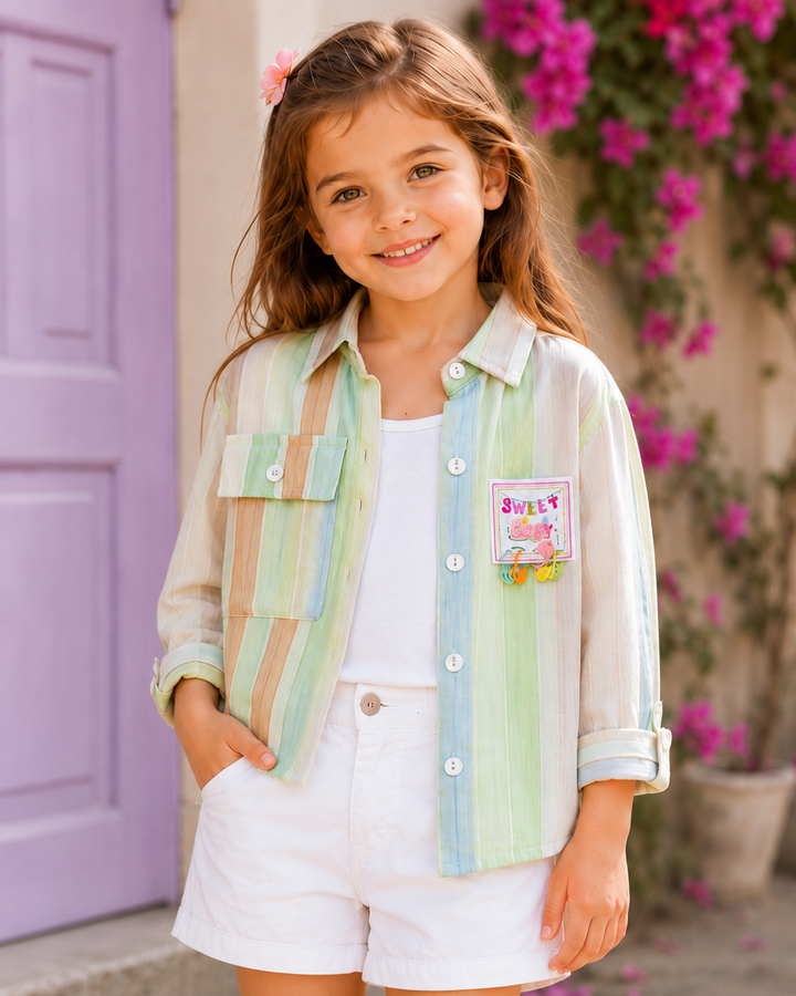 Girl's Striped Green Shirt(Only Top)[GT-2311] (4-12Years)