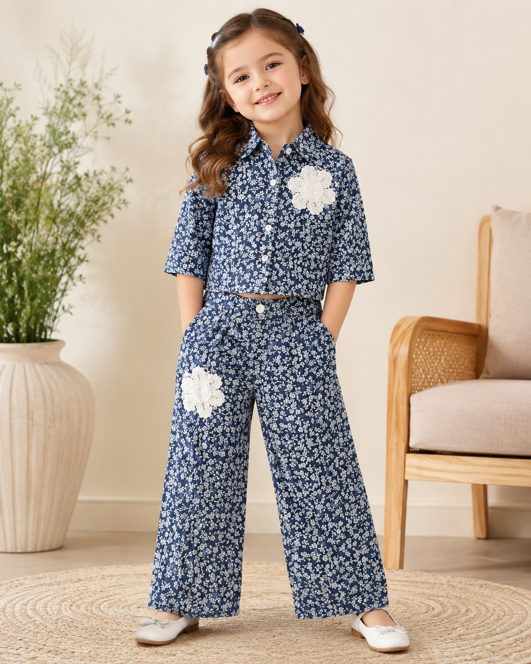 Girl's Flower Medium Blue Denim Co-Ord Set [GCS-9512](4-12 Years)