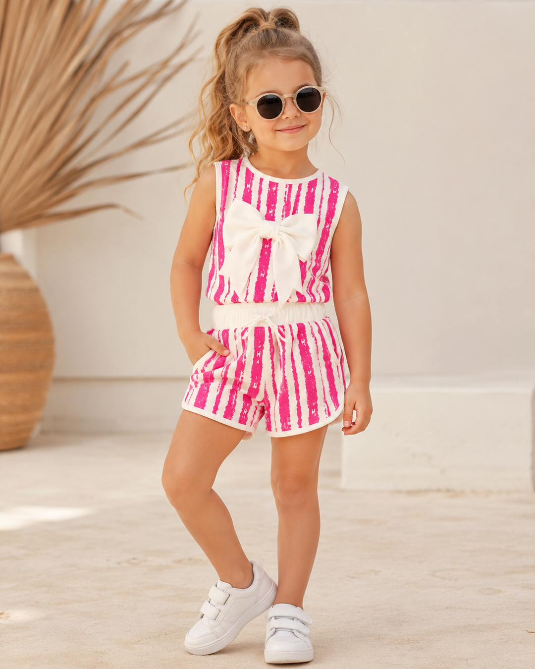 Girl's Summer Hot Pink Bow Co-Ord Set [GCS-8114] (3-9Years)