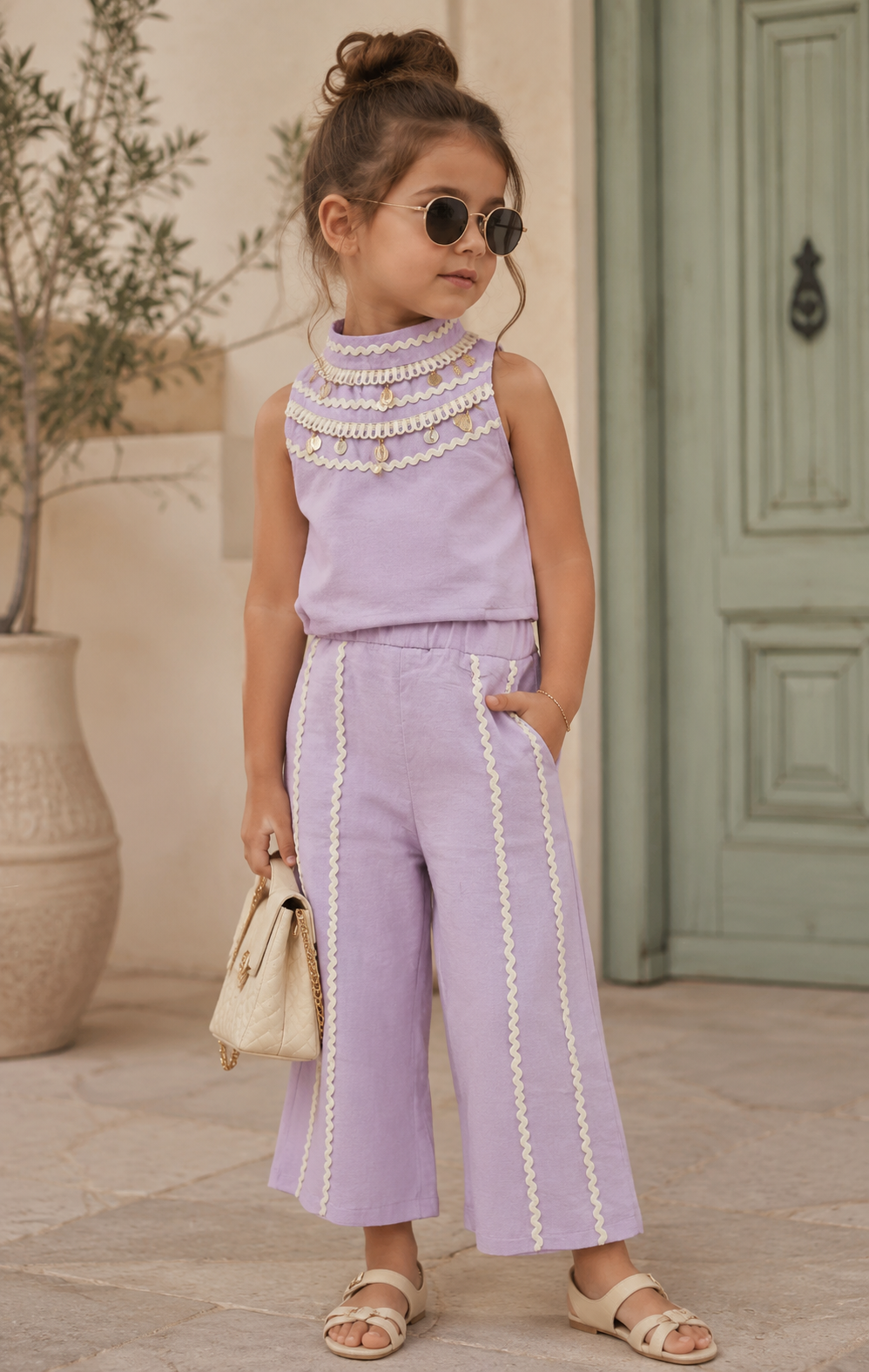 Girl's Summer Lavender Seashell Two-Piece Co-Ord Set [GCS-4540] (1-12 Years)