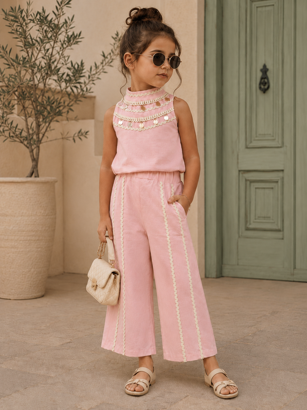 Girl's Summer Peach Seashell Two-Piece Co-Ord Set [GCS-5201] (1-12 Years)