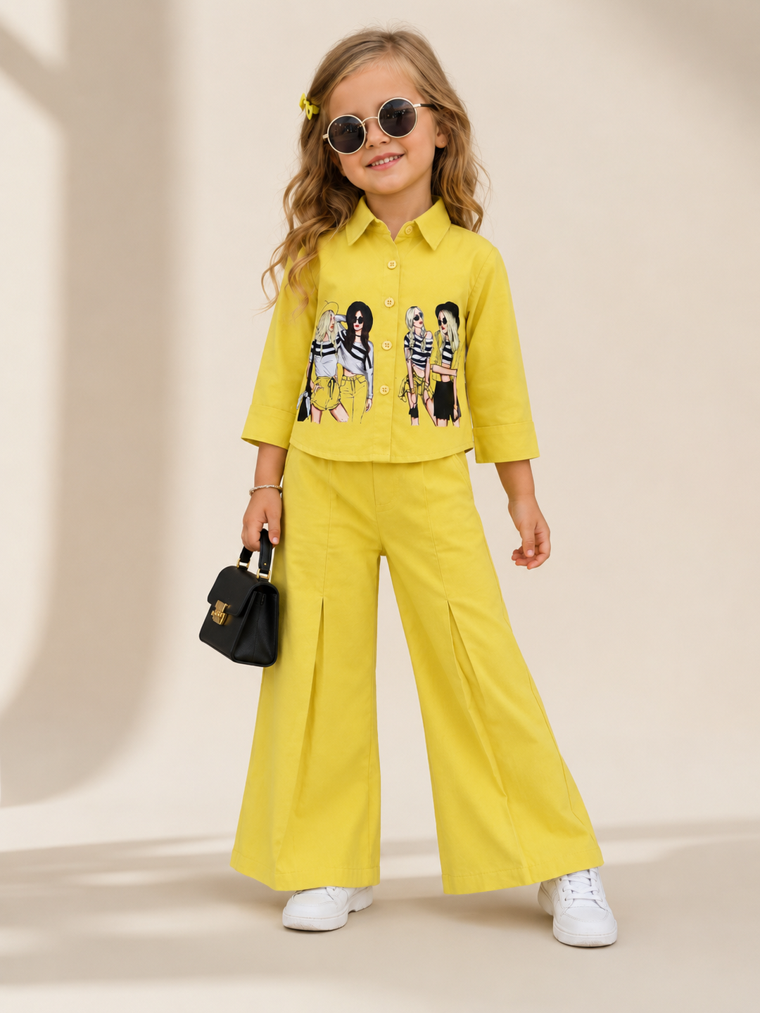 Girl's Yellow face Print Co-Ord Set [GCS-5645] (4-12 Years)