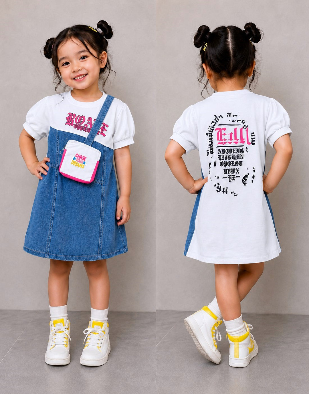 Girls White Denim Dress With BACK PRINT [GD-5615] (3-11 Years)