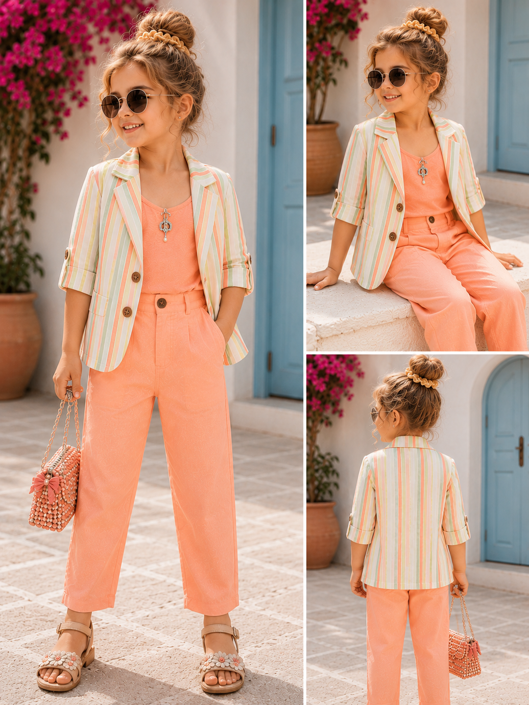 Girl's 3 Piece Peach Striped Co-Ord Set [GCS-9160] (4-12 Years)