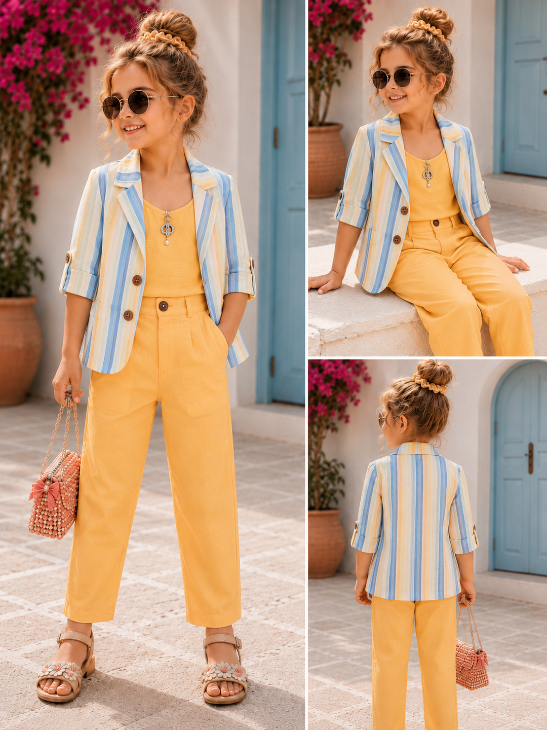 Girl's 3 Piece Yellow Striped Co-Ord Set [GCS-7840] (4-12 Years)