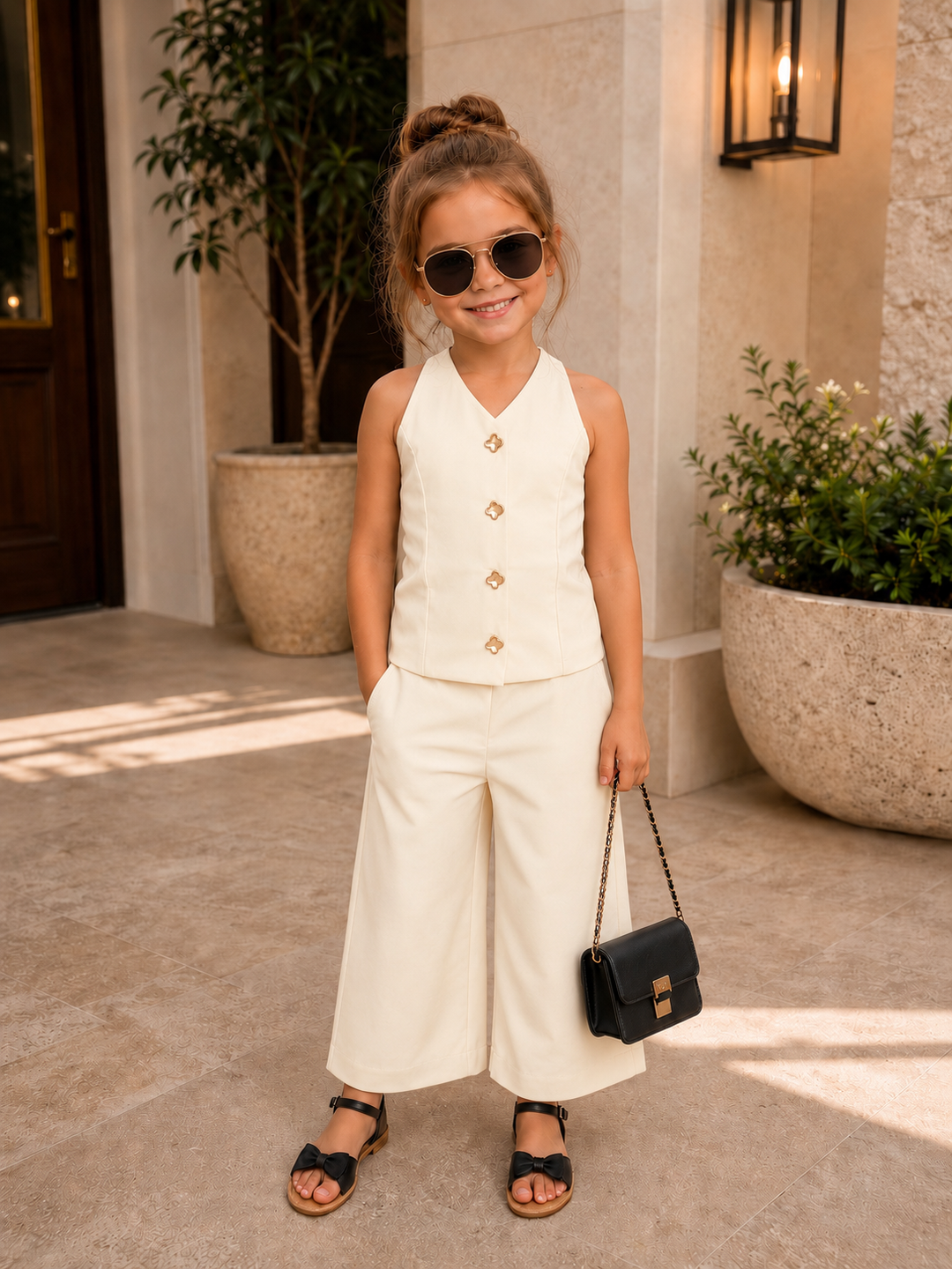 Girls Imported Cream Waist Coat Co-Ord Set [4J-6604] (4-12Years)