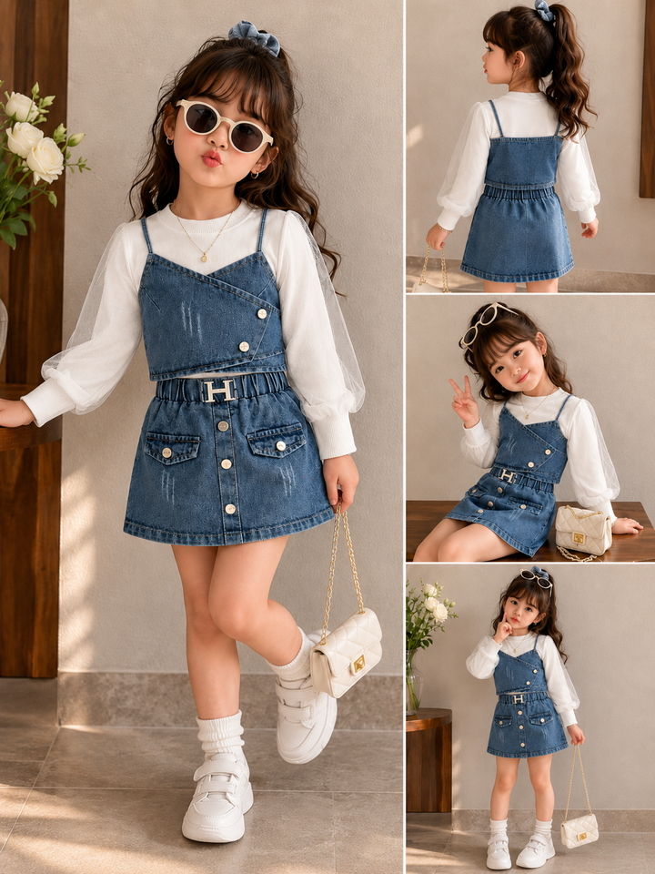 Girl's Denim 3 IN 1 Co-Ord Set Set [GCS-2592] (4-12Years)