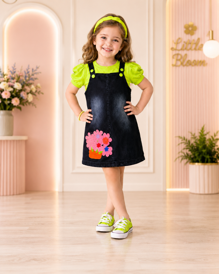 Girls Neon Green Denim Dungaree Dress [GD-6109] (3-9 Years)