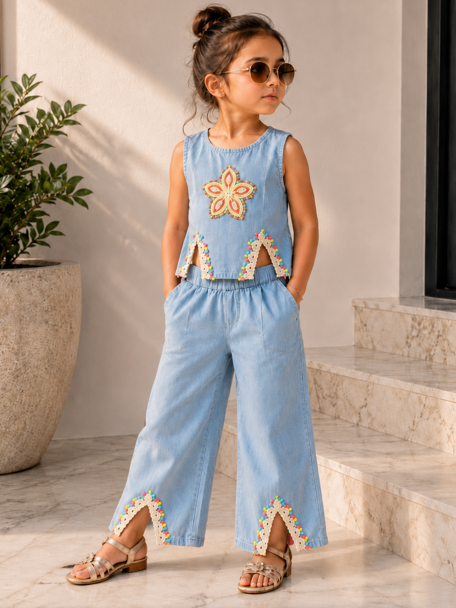 Girls Designer Light Blue Denim Co-Ord Set [GCS-5100] (4-12Years)
