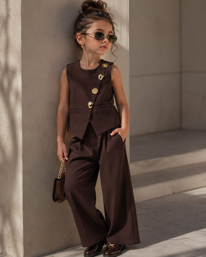 Girls Imported Coffee Waist Coat Co-Ord Set [GCS-6645] (4-12Years)