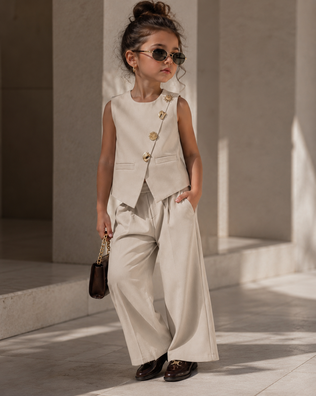 Girls Imported Beige Waist Coat Co-Ord Set [GCS-5200] (4-12Years)