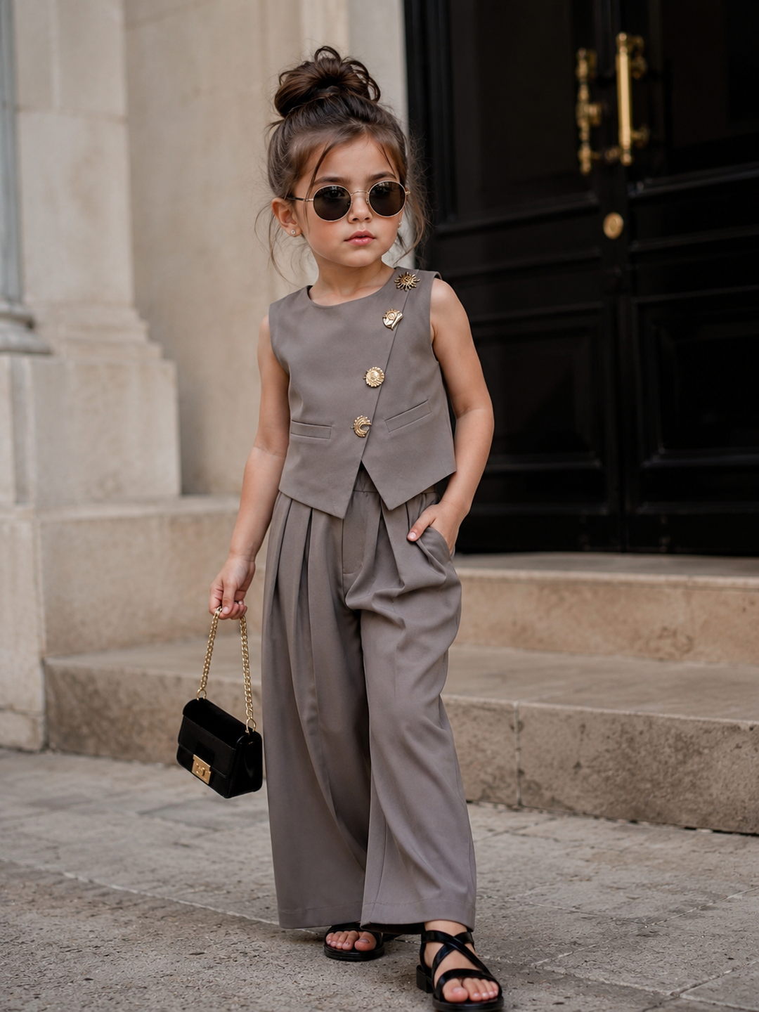 Girls Imported Grey Waist Coat Co-Ord Set [GCS-4040] (4-12Years)