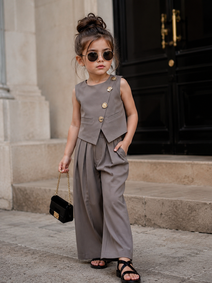 Girls Imported Grey Waist Coat Co-Ord Set [GCS-4040] (4-12Years)