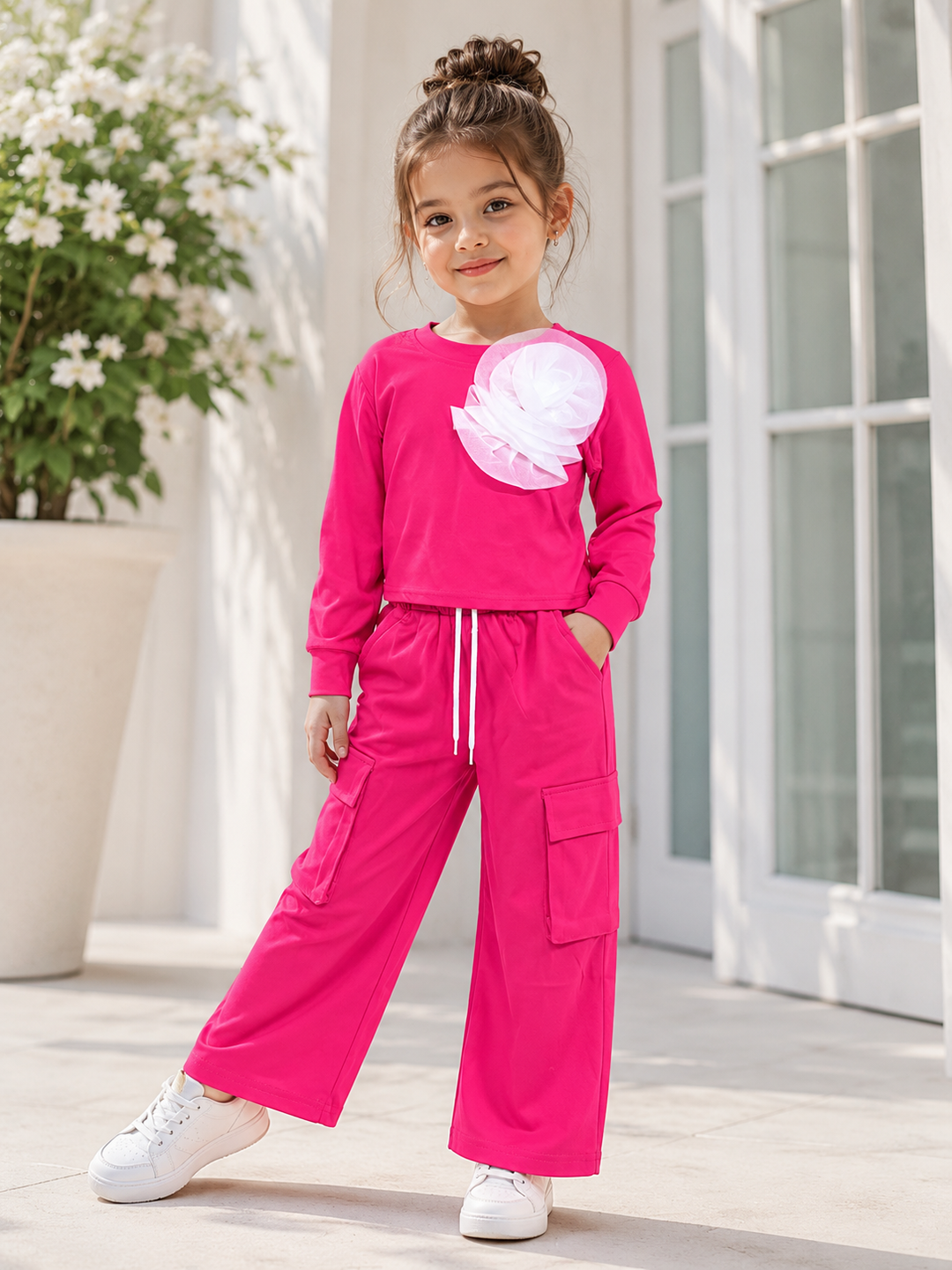 Girls Casual Flower Hot Pink Co-Ord Set [GCS-1410] 4-12 Years)
